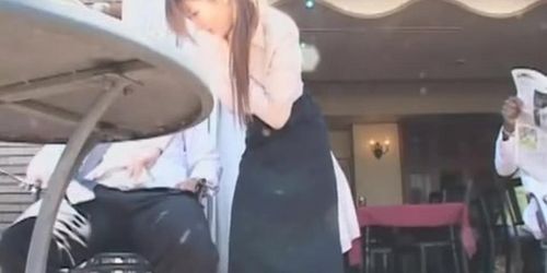 Subtitled Japanese public cafe erection wiping waitress