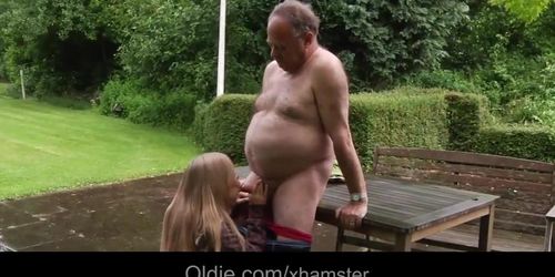 Fat old geezer fucking silly blonde teen