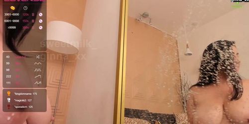 Sexy Lactating Ginna Sprays Milk on Mirror and Self Sucks Milk