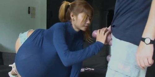 Asian busty slut sucking dong