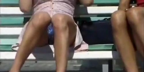 Pussy flashing upskirt babes on park bench