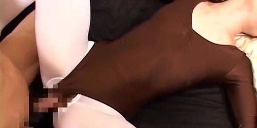 Brown leotard and white stockings gets fucked hard by dick