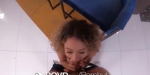 Cute girl with curly hair is riding on a dong in POV