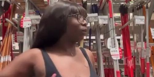 Sexy ebony flashing her boobs in homedepot