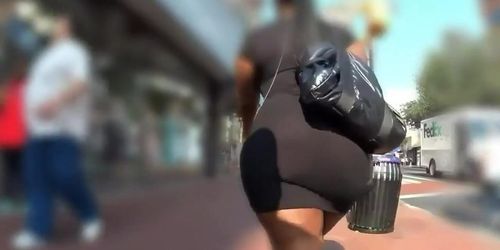 Ebony BBW with a huge booty walks down the street (Jacqueline Back)