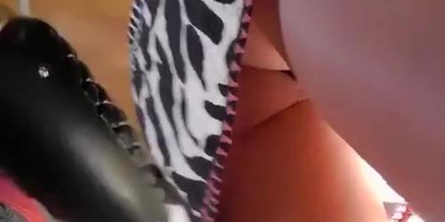 Brunette chick in short dress upskirt