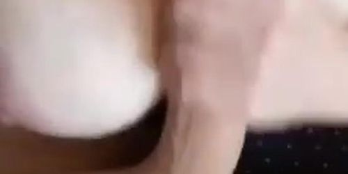 Granny strokes cock cum on boobs