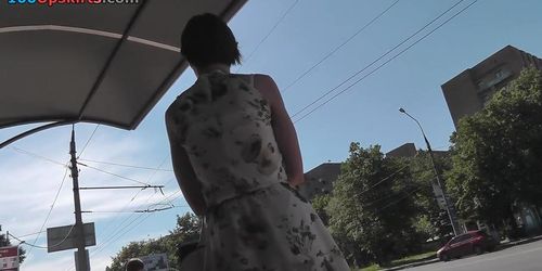 Voyeur upskirt video with short-haired brunette