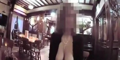 Exhibitionist boobs out in restaurant