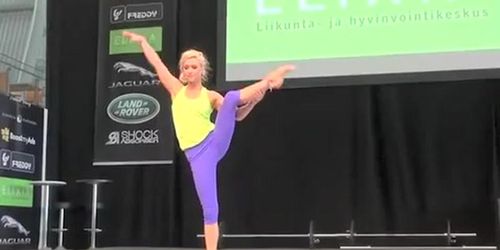 Blonde girls in purple spandex pants cameltoes