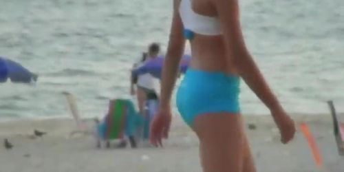 Hot beach voyeur with hot babes in tight shorts playing volleyball