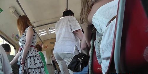 Candid upskirts of the amateur girl in polka dot dress