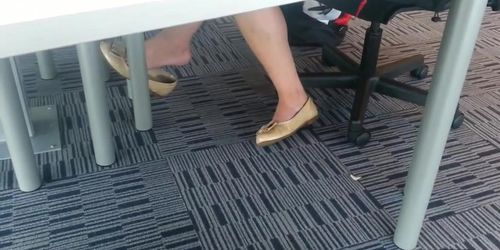 Candid Asian Shoeplay Dangling Feet at Library