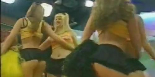Six hot teen cheerleaders in thongs flashing up skirt