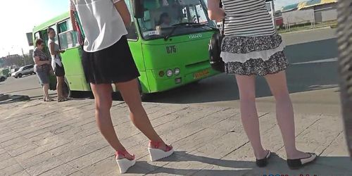 Alluring brunette wears mini skirt in upskirt porn