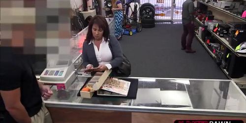 Busty and Milf walks in and tries to sell old cards gets fucked