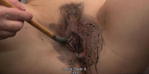 Asian bitch getting her wet pussy painted on