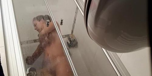 My foxy roomie jumps completely naked into the shower booth
