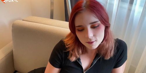 Redhead gets fucked rough and gives a deep blowjob – cum in mouth