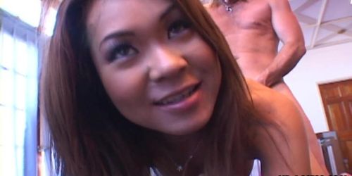 Asian pornstar gets spit roasted by two dudes
