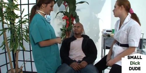 CFNM babes jerk tiny black cock at the dentist (Tiny Dick)