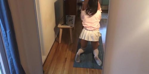 Young Asian girlfriend sucks and fucks in short skirt