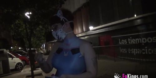 Busty nerd redhead looks for guys to suck in a public street