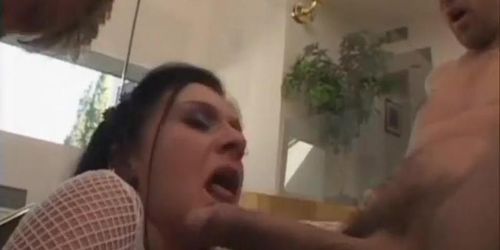 Hot brunette bitch takes two rough cocks in her ass