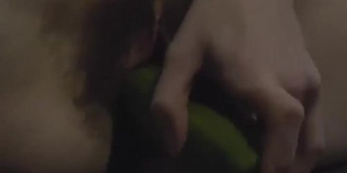 Beautiful busty girl masturbates with cucumber