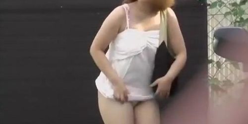 Plump colorful Japanese tart getting caught off her guard during public sharking
