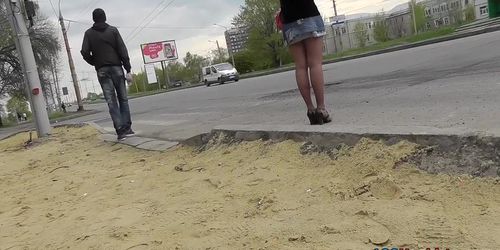 Hot upskirt shots of the lonely girl at the bus stop