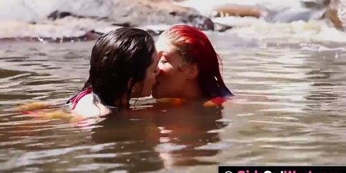 Australian brunette and redhead pleasure each other outdoors