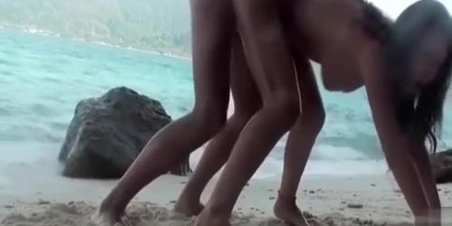 Swallowing sticky cum makes a petite nudist teen happy (Sandy Beach)