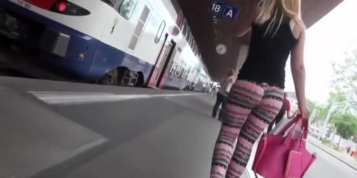 Delicious blonde with big ass walks around in tight leggings