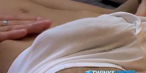 TWINKSUNDIES - Skinny homo in white underwear tugs his big dick solo
