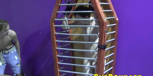 SUB BONDAGE - Caged twink whipped and tormented hard ends up masturbating