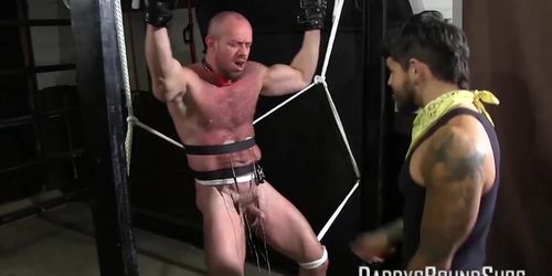 DADDYS BOUND SUBS - Tied up muscle hunk hard BDSM electro torment in basement (Luke Riley)