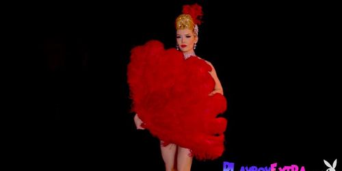 Skinny big boobed blonde MILF Miranda shining in slutty burlesque costume