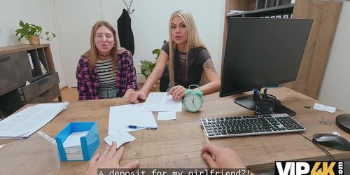 VIP4K. Naughty blonde lesbian didnt see a problem to fuck on a job interview in front of her girlfriend (Zlata Shine)