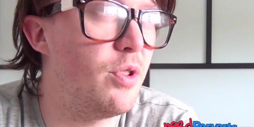 NERD PERVERTS - Attractive woman eats a sleazy fake producers sticky cum