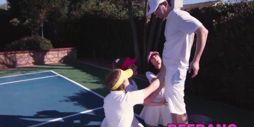BFF BANG - Brunette tennis babes fed jizz POV after hardcore foursome