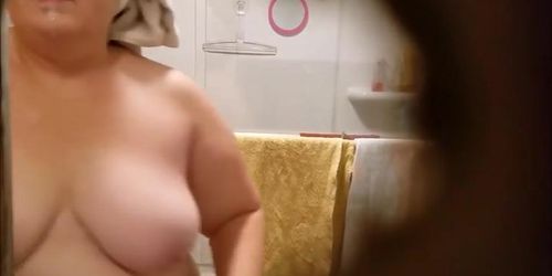 Fat Chrissy cleans the shower. 1-10-2018