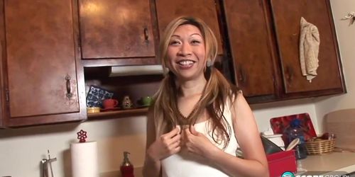 Happily Married Taiwanese Beauty Veronica Diddles Her Tight Cunt In Her Kitchen With A Vibrator