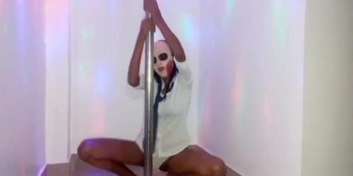 Brunette Student's Homemade Pole Dance on Halloween