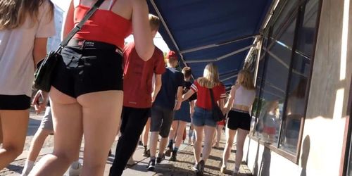 candid hot white teen cheeky black shorts ass