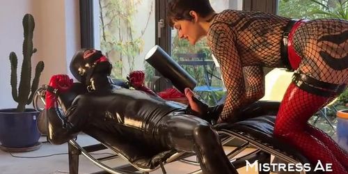 Mistressae dominates in red latex - facesitting, 69, and rough fucking on chaise lounge