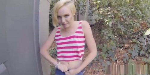 Blonde cutie blows dark meat outdoors for cash