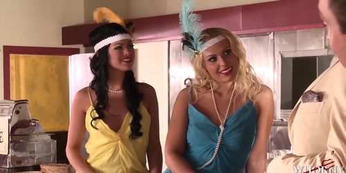 1920s Orgy Parody Two Blondes And A Brunette Share A Set Of Cocks