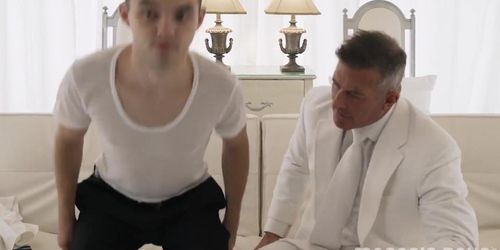 Suited hung DILF barebacks smooth innocent twink