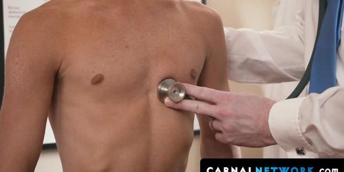 The Doctor stroked Chase Daniels shaft up and down using a lube until he is ready to cum